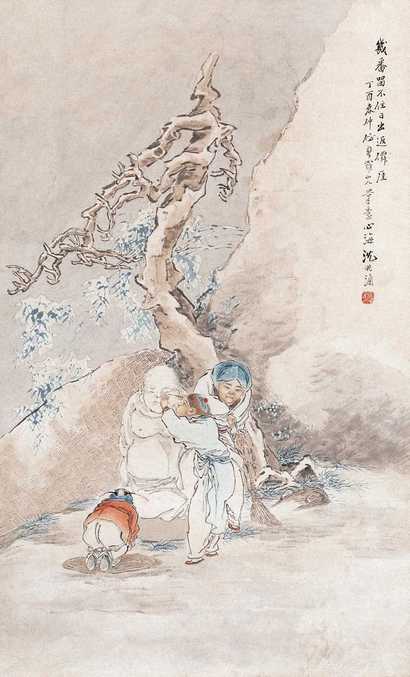 沈心海 1897年作 童子雪嬉图 立轴